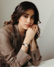 Chic Actress Janhvi Kapoor in a Taupe Twisted Drape Blazer Suit Photos 01