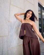 Chic Actress Pooja Hegde in a Dark Chocolate Brown Strapless Bandeau Crop Top Wide Leg Satin Trousers Photos 06 Chic Actress Pooja Hegde in a Dark Chocolate Brown Strapless Bandeau Crop Top Wide Leg Satin Trousers Photos 06