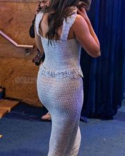Chic Actress Pooja Hegde in a Grey Blue Crochet Midi Dress Photos 04