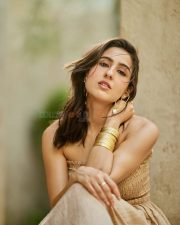 Chic Beauty Sara Ali Khan in a Strapless Beige Maxi Dress Pictures 02