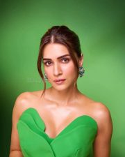 Classy Kriti Sanon in a Fouad Sarkis Green Satin Strapless Bodycon Gown Embelished with Drapes Photos 01