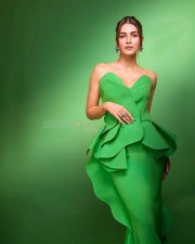 Classy Kriti Sanon in a Fouad Sarkis Green Satin Strapless Bodycon Gown Embelished with Drapes Photos 02