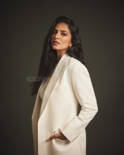 Classy Malavika Mohanan in an Off White Long Coat and Thigh Slit Skirt Photos 03