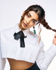 Classy Pooja Hegde in a White Full Sleeve Crop Shirt and Black Pant Photos 02 Classy Pooja Hegde in a White Full Sleeve Crop Shirt and Black Pant Photos 02