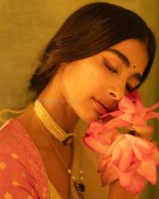 Classy Vintage Beauty Pooja Hegde in an Ivory Silk Saree with a Pink Border and Two Toned Blouse Photos 06