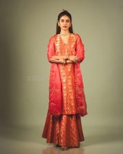 Cousins and Kalyanams Actress Priya Prakash Varrier in a Short Coral Red Chanderi Silk Brocade Kurti with a Matching Flared Sharara and Sheer Red Tissue Dupatta Pictures 02 Cousins and Kalyanams Actress Priya Prakash Varrier in a Short Coral Red Chanderi Silk Brocade Kurti with a Matching Flared Sharara and Sheer Red Tissue Dupatta Pictures 02