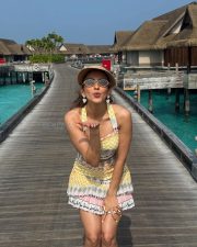 Cute Rakul Preet Singh in a Yellow and White Printed Bralette Top and Mini Skirt Pictures 01