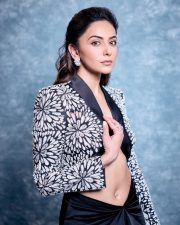 Dazzling Bollywood Actress Rakul Preet Singh in a Black White Floral Embroidered Cropped Jacket with a Fluid Draped Skirt Pictures 01