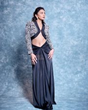 Dazzling Bollywood Actress Rakul Preet Singh in a Black White Floral Embroidered Cropped Jacket with a Fluid Draped Skirt Pictures 02