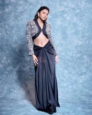 Dazzling Bollywood Actress Rakul Preet Singh in a Black White Floral Embroidered Cropped Jacket with a Fluid Draped Skirt Pictures 04