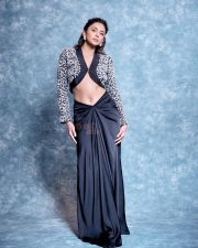 Dazzling Bollywood Actress Rakul Preet Singh in a Black White Floral Embroidered Cropped Jacket with a Fluid Draped Skirt Pictures 06