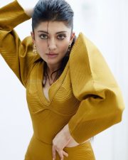Dazzling Pranita Subhash in a Mustard Brown Dress with Puffed Sleeves Photos 03
