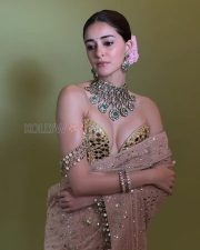Demure Ananya Panday in a Vintage Mirror Embroidered Golden Beige Saree with a Strapless Corset Blouse Photos 01