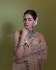 Demure Ananya Panday in a Vintage Mirror Embroidered Golden Beige Saree with a Strapless Corset Blouse Photos 02