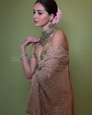 Demure Ananya Panday in a Vintage Mirror Embroidered Golden Beige Saree with a Strapless Corset Blouse Photos 03