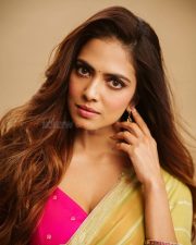 Desi Glam Malavika Mohanan in a Lime Green Sheer Saree with a Bright Pink Sleeveless Blouse Photos 02