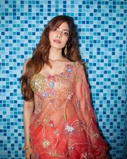 Desi Glamour Malavika Mohanan in a Sheer Coral Orange Saree with Floral Embroidery with a Gold Shimmer Blouse Photos 01