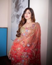 Desi Glamour Malavika Mohanan in a Sheer Coral Orange Saree with Floral Embroidery with a Gold Shimmer Blouse Photos 02