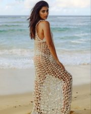 Dreamy Pooja Hegde in a Sheer Pearl Embellished Dress Over a White Two Piece Swimsuit Beach Vacation Photos 01