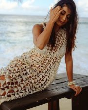 Dreamy Pooja Hegde in a Sheer Pearl Embellished Dress Over a White Two Piece Swimsuit Beach Vacation Photos 03