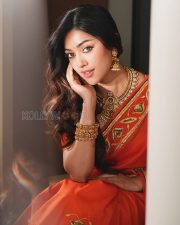 Elegant Actress Anu Emmanuel in a Orange Embroidered Saree Photos 03