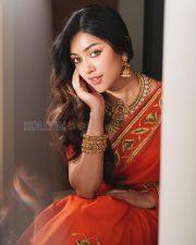 Elegant Actress Anu Emmanuel in a Orange Embroidered Saree Photos 03
