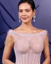 Elegant Actress Esha Gupta Topless Boobs in a Pink Sheer Lace Off Shoulder Gown Photos 01