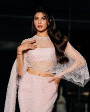 Elegant Actress Jacqueline Fernandez in a Pink Pearl Embellished Sheer Cape Gown Photos 04