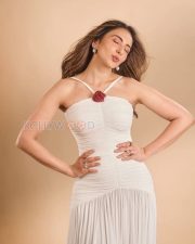 Elegant Actress Rakul Preet Singh in a White ruched halter gown with red rose Photos 01