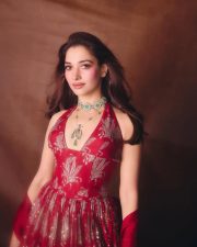 Elegant Actress Tamannaah Bhatia in a red embroidered halter gown Photos 05