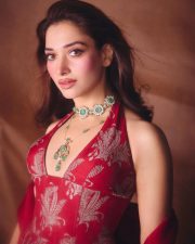 Elegant Actress Tamannaah Bhatia in a red embroidered halter gown Photos 07