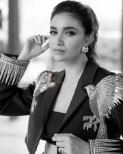 Elegant Keerthy Suresh in a Strapless Black Cropped Blazer Top with a Draped Skirt Photos 06