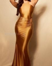 Elegant Malavika Mohanan in a Golden Sleeveless Floor Length Gown Pictures 04