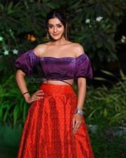 Elegant Payal Rajput in a Purple Off Shoulder Crop Top and Red Lehenga Photos 03