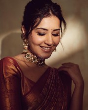 Elegant Raashi Khanna in a Rust Red Banarasi Silk Saree Photoshoot Pictures 01