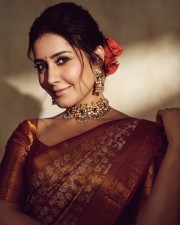 Elegant Raashi Khanna in a Rust Red Banarasi Silk Saree Photoshoot Pictures 02
