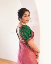 Elegant Regina Cassandra at Mookuthi Amman 2 Pooja Event in a Pink Chanderi Tissue Saree with a Green Blouse Photos 01