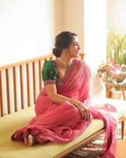Elegant Regina Cassandra at Mookuthi Amman 2 Pooja Event in a Pink Chanderi Tissue Saree with a Green Blouse Photos 02