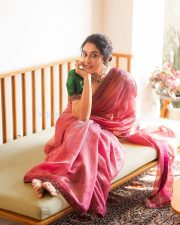 Elegant Regina Cassandra at Mookuthi Amman 2 Pooja Event in a Pink Chanderi Tissue Saree with a Green Blouse Photos 03