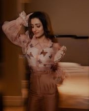 Elegant Trisha Krishnan in a Pastel Pink Outfit with Butterflies and Ruffled Sleeves Photos 03