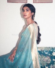 Elegant Vintage Beauty Pooja Hegde in a Sky Blue Paithani Saree Photos 01