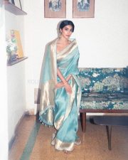 Elegant Vintage Beauty Pooja Hegde in a Sky Blue Paithani Saree Photos 02