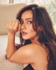 Enchanting Neha Sharma in a Black Lace Trim and Ruffled Mini Dress with a Front Lace Up Tie Detail Photos 03