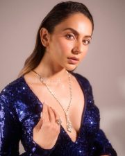 Enchanting Rakul Preet Singh in a Royal Blue Sequinned Body Hugging Gown with Deep V Neckline and Long Sleeves Photos 03