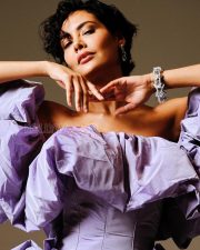 Ethereal Actress Esha Gupta in a Lavender Sculptural Off Shoulder Puff Ruffle Gown Photos 01