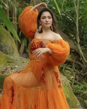 Ethereal Actress Tamannaah Bhatia in an Orange Tulle Off Shoulder Gown Photos 02