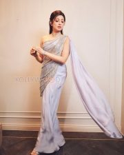 Exquisite Actress Pranitha Subhash in a Silver Grey Embellished One Shoulder Saree with Diamond Choker Necklace Photos 04