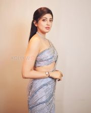 Exquisite Actress Pranitha Subhash in a Silver Grey Embellished One Shoulder Saree with Diamond Choker Necklace Photos 05
