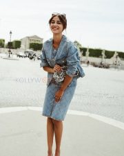 Fashionable Actress Ananya Panday in a Blue Quilted Denim Jacket and Skirt Photos 03