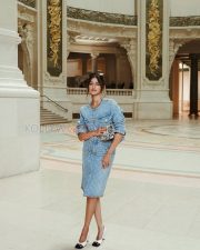 Fashionable Actress Ananya Panday in a Blue Quilted Denim Jacket and Skirt Photos 04
